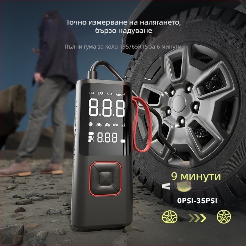 Преносима електрическа помпа за въздух – безжична, за автомобили и велосипеди, 12V, 80W, 35 л/мин, цифров дисплей, манометър