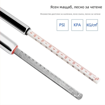 Мини манометър за налягането в гумите, стоманено тяло, диапазон до 180 kg/cm², точност ±0.02 kg/cm², тегло 0.02 kg, без батерия