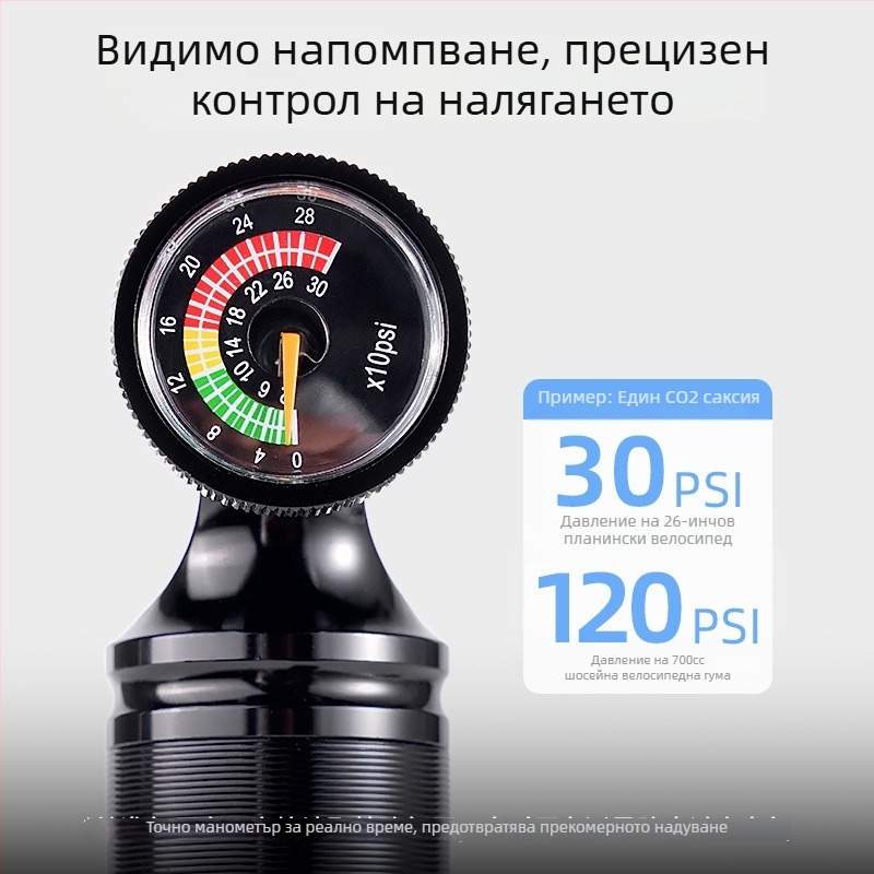 ACRUNU CO2 инфлатор за пътен велосипед с визуален манометър, алуминиева сплав, съвместим с Presta/Schrader клапани, 130 г