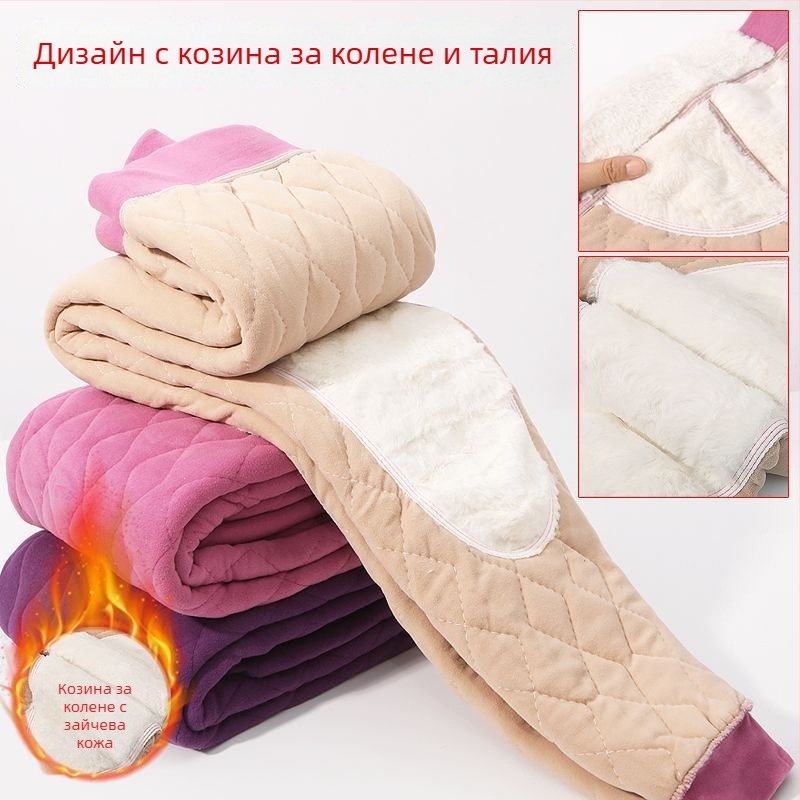 Дамски самонагряващи термални панталони с висока талия и коленни подложки от зайчи пух, Chenille плат със спандекс