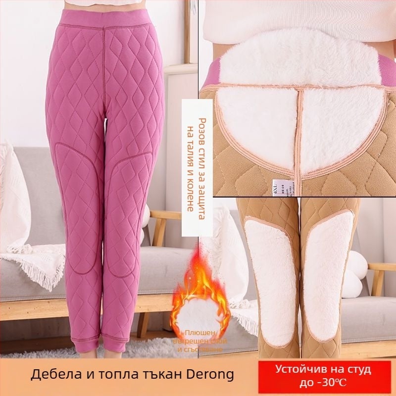 Дамски самонагряващи термални панталони с висока талия и коленни подложки от зайчи пух, Chenille плат със спандекс