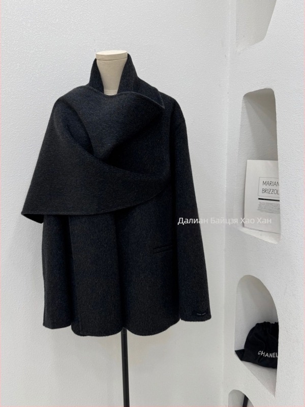 Дамско палто от вълна и якова вълна със яка-шал, двустранно вълнено, къс модел, японско-корейски ежедневен стил