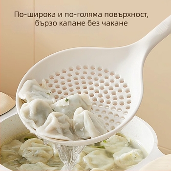 Силиконова лъжичка за готвене с дълга дръжка, термоустойчива, антиадхезивна повърхност, филтър за отцеждане на нудели и дъмплинги