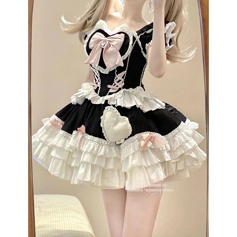 Lolita рокля в японски стил, дълги ръкави, висока яка, дълга пола, конопена тъкан