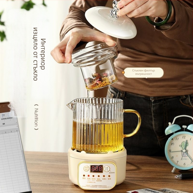 Здравословен чайник от боросиликатно стъкло, 380V, 1000W, бутонен контрол, подходящ за 6+ човека
