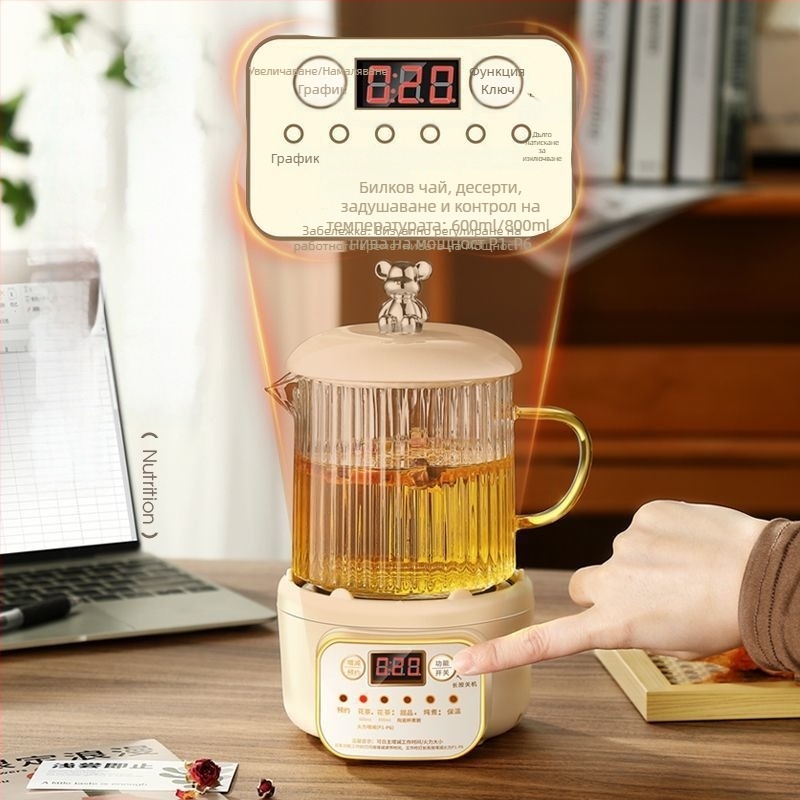 Здравословен чайник от боросиликатно стъкло, 380V, 1000W, бутонен контрол, подходящ за 6+ човека