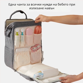 Чанта за мама раница, полиестер, водоустойчива, разделяне мокро/сухо, максимално натоварване 15–20 кг, размери 42×27×8 см