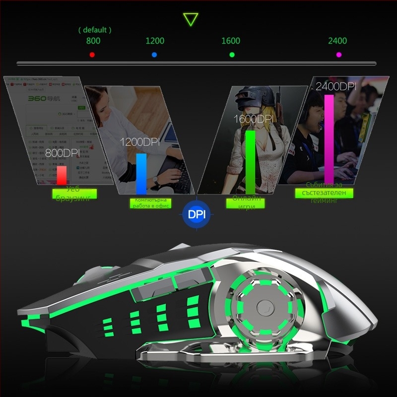 Оптична безжична мишка, двоен режим 2.4G/Bluetooth, 1600 DPI, 6 бутона, USB интерфейс (пет нива DPI)