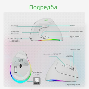 Безжична вертикална ергономична мишка с двойен режим (2.4G/Bluetooth), 4000dpi, 9 бутона, презареждаща се, обхват до 10 м