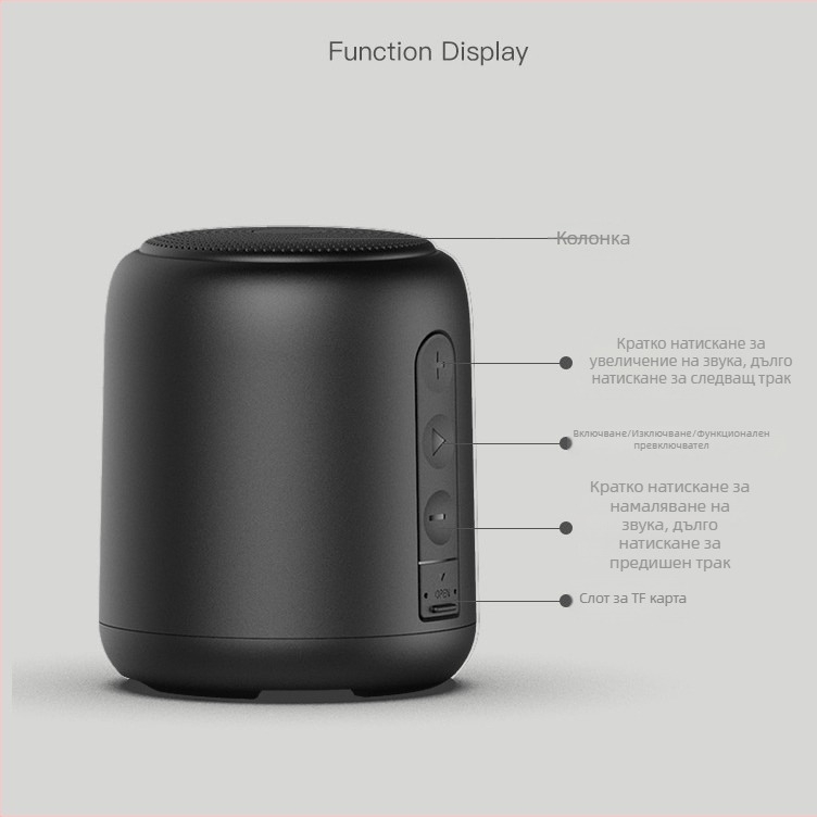 Bluetooth колонка портативна цилиндрична, IPx3 водоустойчивост, 5W мощност, Bluetooth 5.3, честотен обхват 60 Hz–15 kHz, вградена батерия 1200–2000 mAh