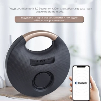 Преносим Bluetooth говорител с текстилна дръжка — за открито и настолен режим, безжичен говорител с вграден субуфер, 5W, Bluetooth 5.0, батерия 1000–1200mAh, IPX2, обхват до 10 м