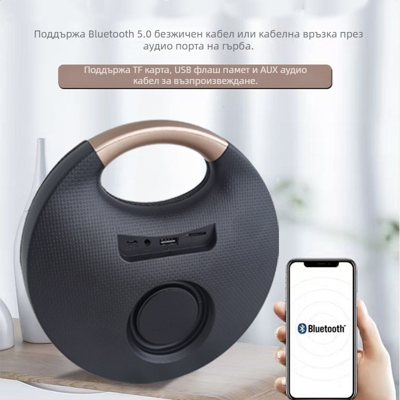Преносим Bluetooth говорител с текстилна дръжка — за открито и настолен режим, безжичен говорител с вграден субуфер, 5W, Bluetooth 5.0, батерия 1000–1200mAh, IPX2, обхват до 10 м