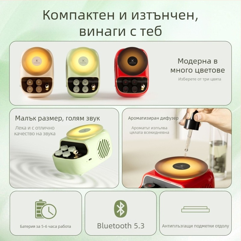 Bluetooth говорител с два говорителя, BT 5.3, честотен обхват 100 Hz–20 kHz, SNR ≥70 dB, вградена батерия 1000–1200 mAh