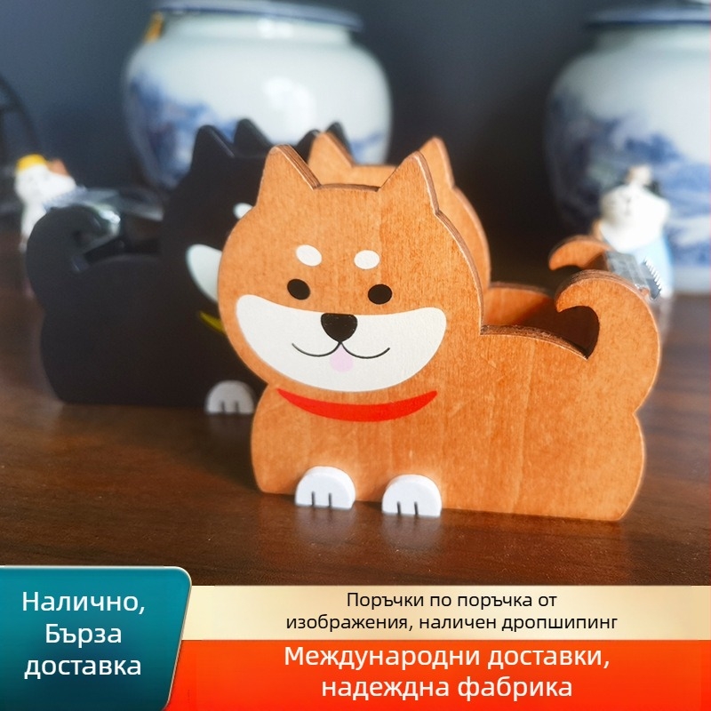 Дървен диспенсер за лента със Шиба Ину – карикатурен настолен аксесоар за офис, 54 g