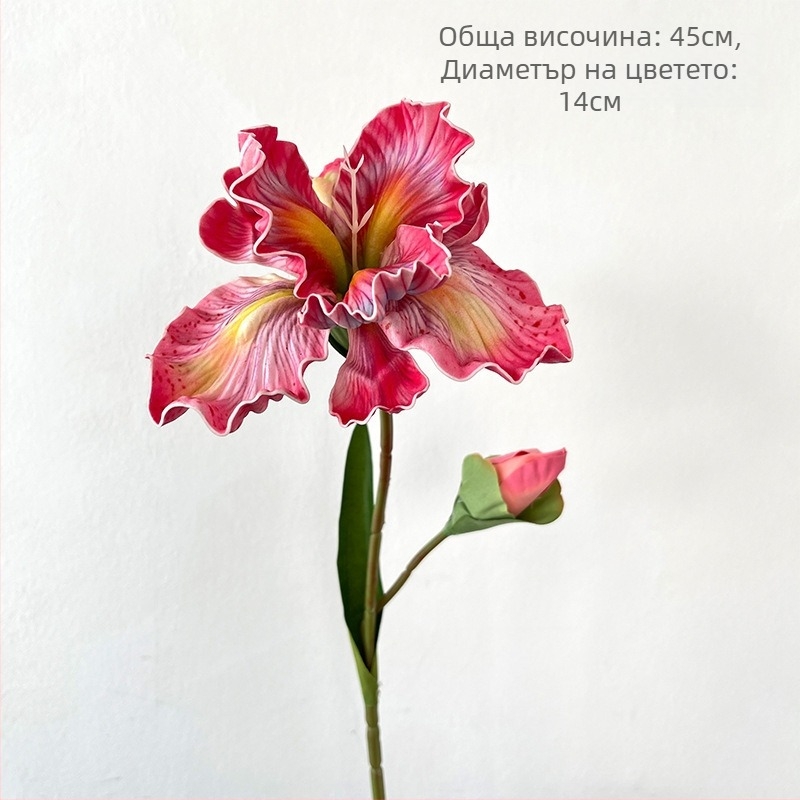 Двуглаво изкуствено ирисово цвете с коприна, EVA усещане за допир и релефна обработка — подходящо за сватби, домашен декор и фотосесии
