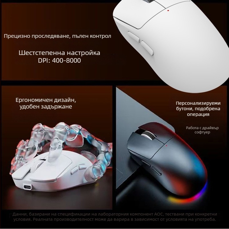 Безжична гейминг мишка, ергономичен дизайн, оптичен сензор 8000 DPI, 7 бутона, 6 нива DPI, обхват 10 м
