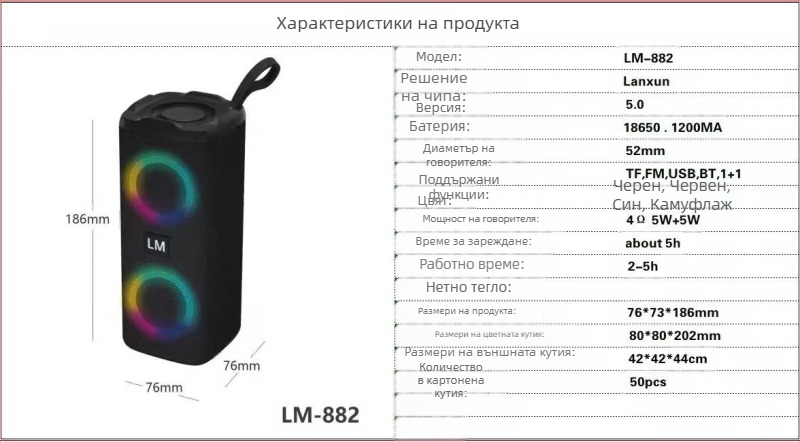 Bluetooth говорител с тъкано покритие и двоен драйвер, LED пръстен светлина, Bluetooth 5.0, мощност ≤ 10W