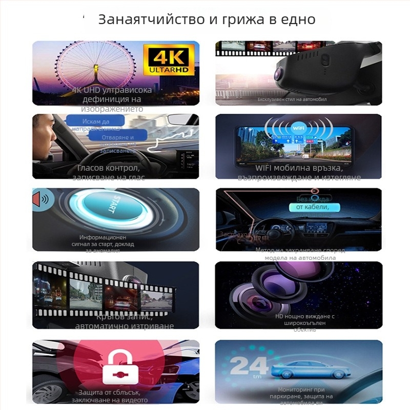 4K автомобилна камера с двойни лещи, нощно виждане, предно и задно записване, Wi‑Fi, монтаж върху огледало за обратно виждане
