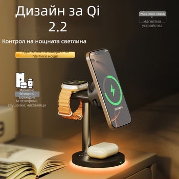 Qi2.2 вертикална четири в едно магнитна безжична зарядна станция с полупроводниково охлаждане — максимум 25W, 9V2A, QC 3.0, цифров дисплей, 5W/7.5W/10W/15W/25W
