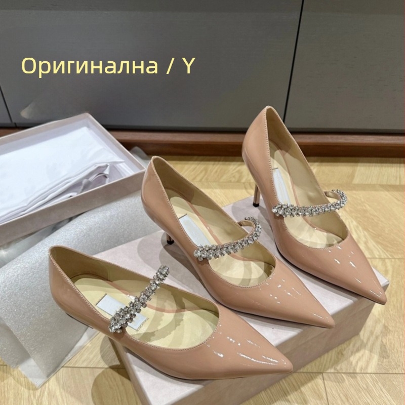 Дамски обувки на висок ток с остър нос, патентована кожа, еднопрезрамков дизайн, върхът с кристали, дебел ток, височина 3–6 см