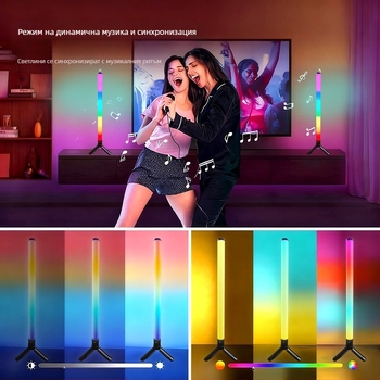 Настолна RGB атмосфера лампа със звукочувствително управление и управление чрез глас и приложение (захранване от контакт, монтаж на бюро или закачване, атмосфера за игрална стая)