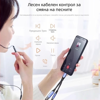 Type-C 2-в-1 аудио и захранващ адаптер кабел, 3,5 мм към Type-C, медна сърцевина, 16bit/48kHz аудио, PD60W бързо зареждане