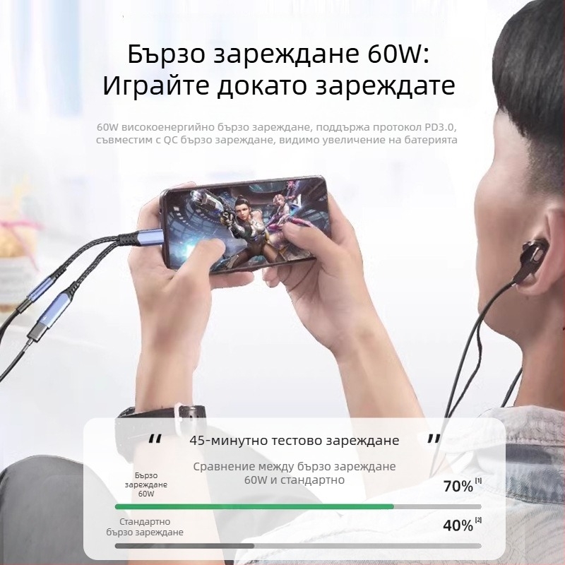 Type-C 2-в-1 аудио и захранващ адаптер кабел, 3,5 мм към Type-C, медна сърцевина, 16bit/48kHz аудио, PD60W бързо зареждане