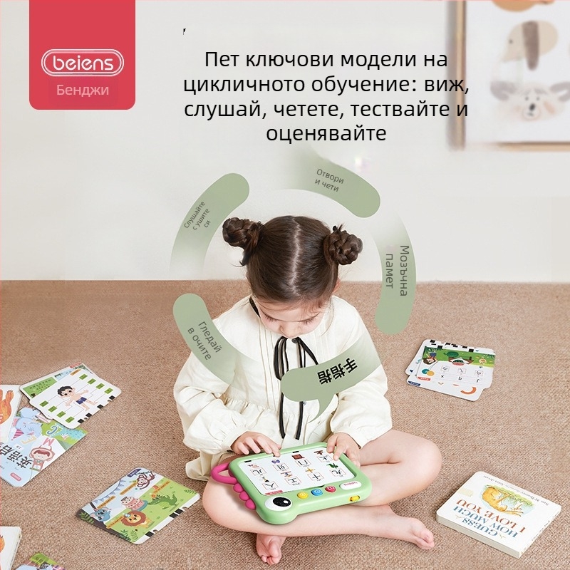 Двуезична обучителна машина за ранно развитие, развива логическо мислене, четене на карти и музика, захранване с литиева батерия.