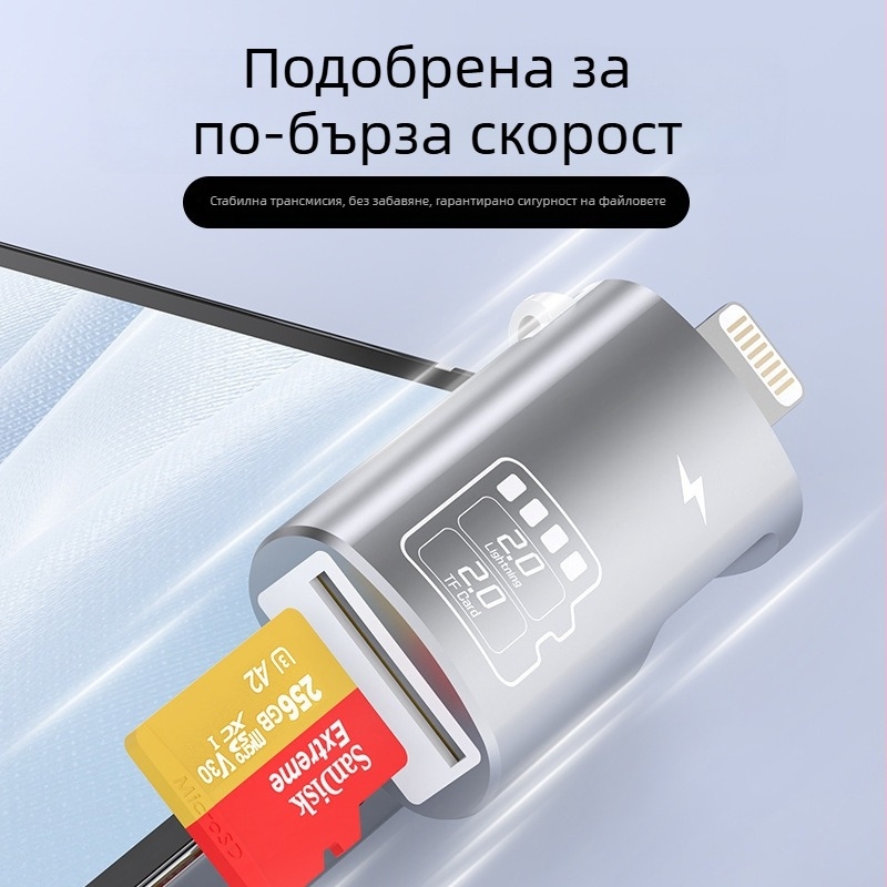 Salamoer xjs-227 Lightning към TF карта четец, мултифункционален 2-в-1 адаптер с Type-C странично зареждане