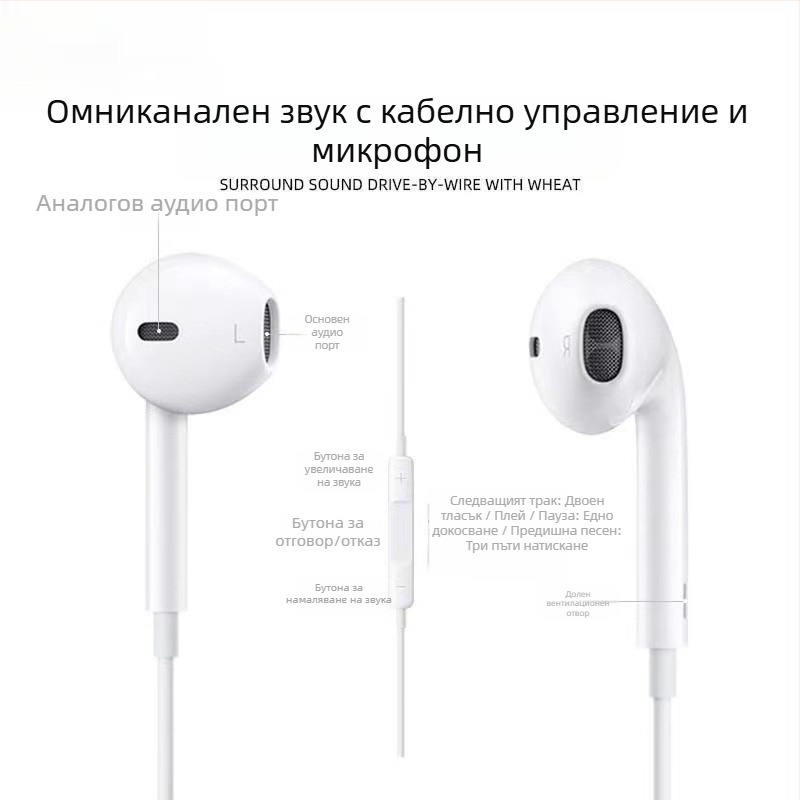In-ear жични слушалки, 1,2 м кабел, съвместими с iOS, plug-and-play