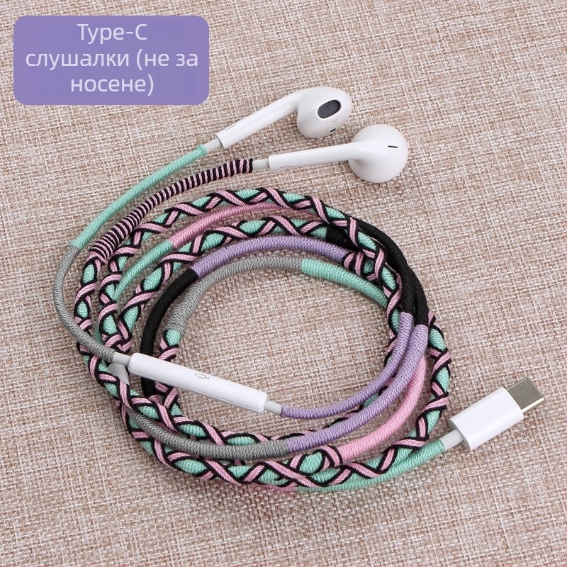 Type-C кабелна слушалка с микрофон, оплетен кабел 1,2 м, 3,5 мм жак, импеданс 32 Ω, честотен диапазон 20–20 kHz