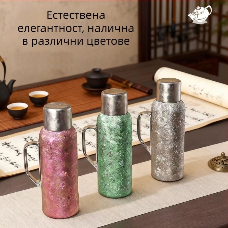 Титанов изолиран термос-чайник с дръжка, механичен термометър и вътрешна капачка за офис и дом