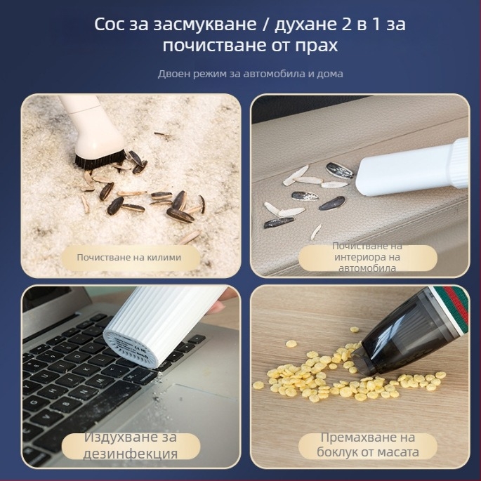 Преносим ръчен вакуум за автомобил - 3.7V, 45W, 4500 Pa, безжичен, 120 минути работа