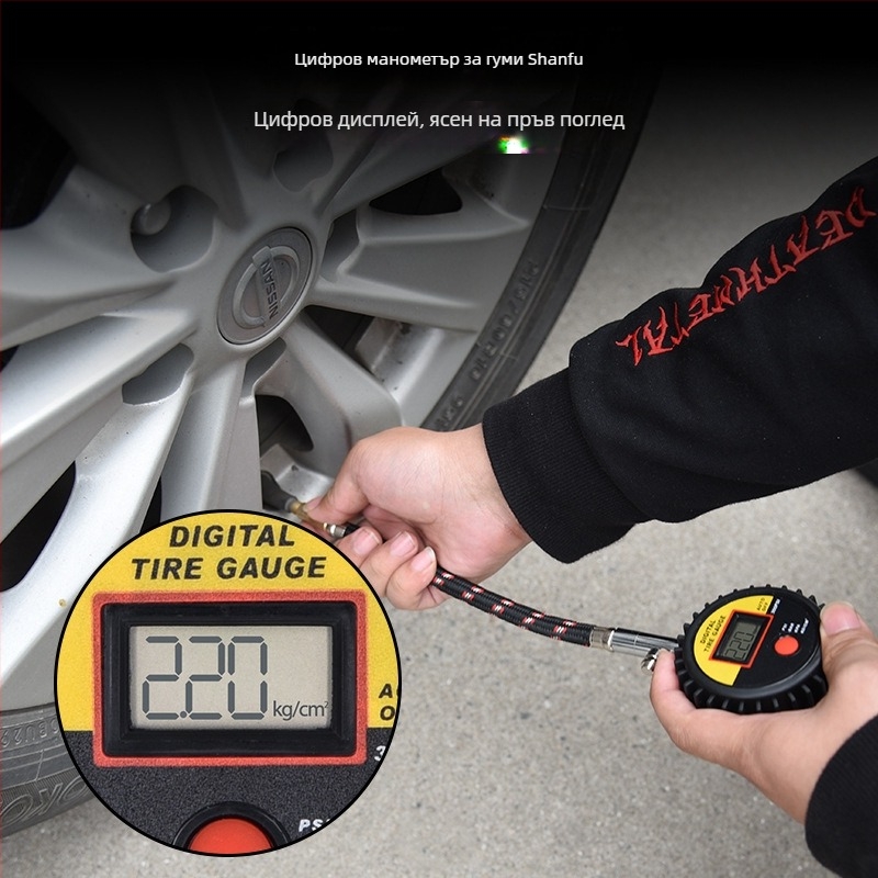 Високоточен инструмент за надуване на гуми с цифров манометр LED, диапазон 0-300 psi, точност +/-1.5 psi, ABS пластмасов корпус, CR2032 батерия.