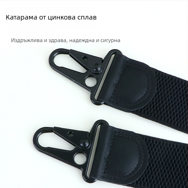 Еластични мъжки презрамки в X-образен стил, 4 щипки, ширина 38 мм, черна кука-закопчалка.