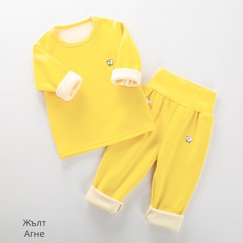 Детски термо комплект за зима с подплатен флис и дебел Milk Silk плат, висока талия за защита на корема, кръгла яка