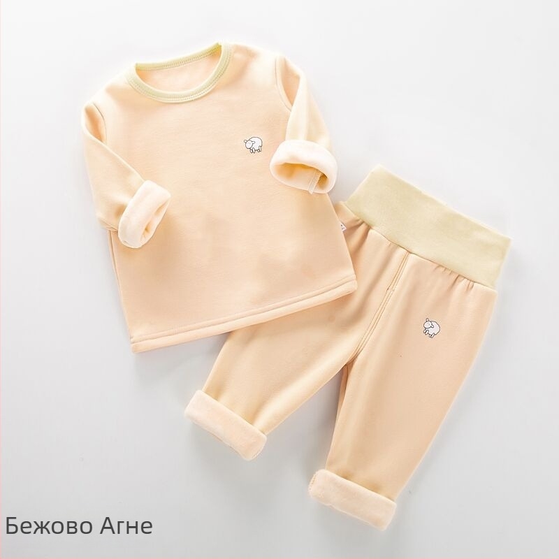 Детски термо комплект за зима с подплатен флис и дебел Milk Silk плат, висока талия за защита на корема, кръгла яка