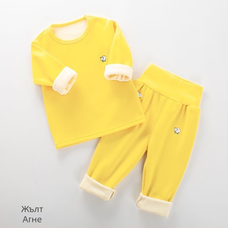 Детски термо комплект за зима с подплатен флис и дебел Milk Silk плат, висока талия за защита на корема, кръгла яка