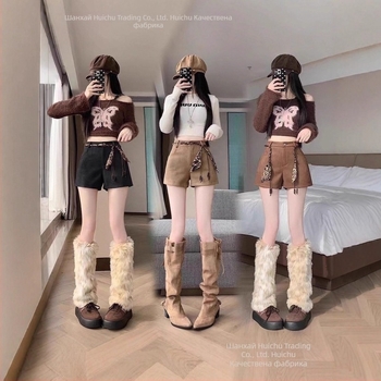 Къси панталони със замшево въздушно покритие за жени, висока талия, А‑образна линия, широки крачоли, полиестер 70–80%, зима 2025