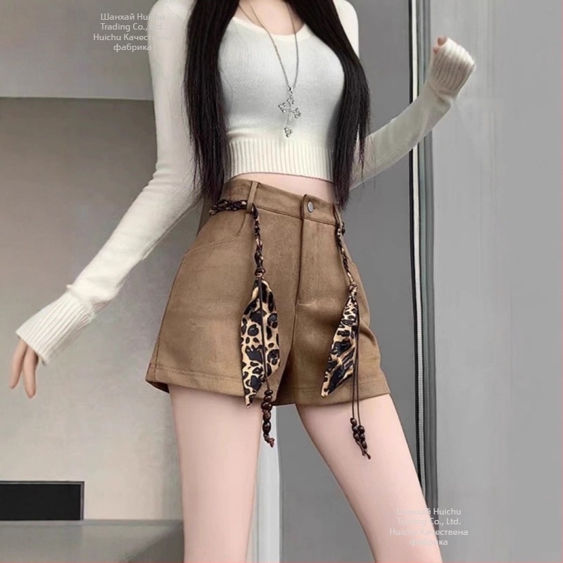 Къси панталони със замшево въздушно покритие за жени, висока талия, А‑образна линия, широки крачоли, полиестер 70–80%, зима 2025