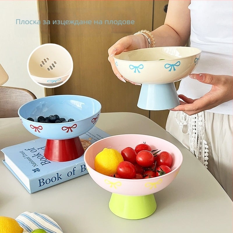 Пластмасова плодова чиния, висока конструкция с дизайн на панделка, функция за отцеждане, лансиране през есента на 2025 г.