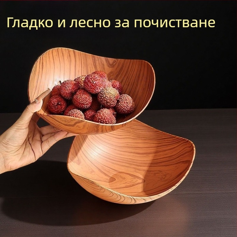 Fengzhi Триъгълна чиния за плодове – PP материал, имитация на дървесен модел, винтидж стил лукс ретро