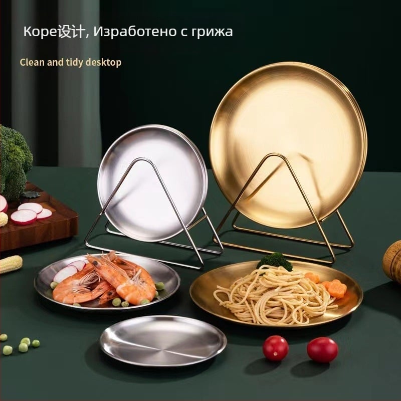 Съд за сервиране от неръждаема стомана с база и рафт за съхранение, кръгла плитка чиния за плодове и закуски, подходяща за микровълнова, корейски стил, печат на лого наличен