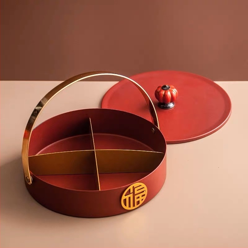 Фруктова чиния с капак, ретро китайски стил, луксозен дизайн, разделени отделения, подходяща за дневна за закуски, сушени плодове и ядки