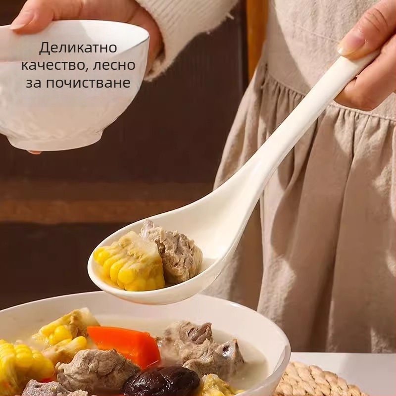 Керамична порционна лъжичка за супа, дълга дръжка, Yousiju, Тайчоу, модерен минималистичен стил, антихлъзгаща, термоустойчива, антиизгаряща