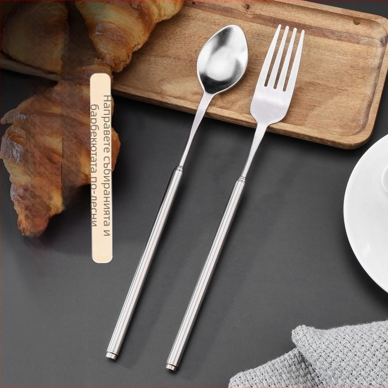Разтегателна вилка от неръждаема стомана с дълга дръжка за западно хранене; 304 неръждаема стомана, огледално полирана повърхност, прост стил, възможност за печат на лого.