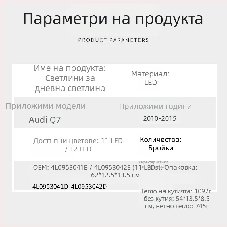 LED дневни светлини за Audi Q7 (10-15 години), PC+LED материал, Модел 4L0953042e/4L0953041e, Част № 4L0953041d/4L0953042d