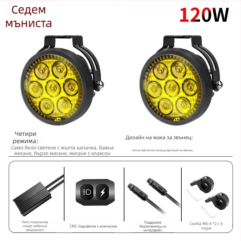 LED фар за мотоциклет 9005 - 120W, 12000 lm, 12-36V, алуминиева сплав, прахо- и водоустойчив, A+ клас, универсална съвместимост 98% модели