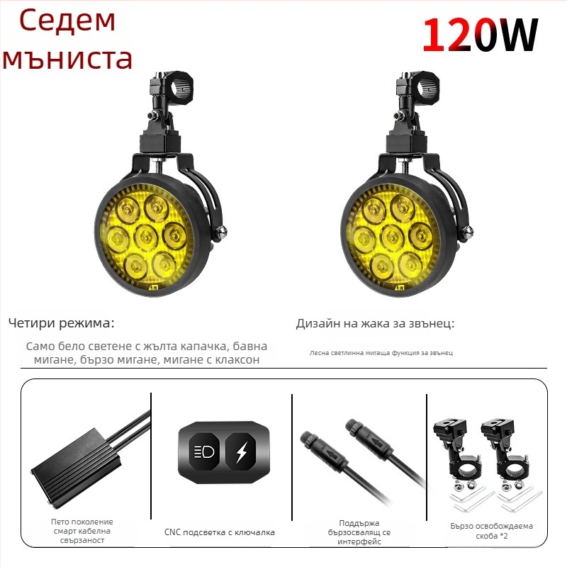 LED фар за мотоциклет 9005 - 120W, 12000 lm, 12-36V, алуминиева сплав, прахо- и водоустойчив, A+ клас, универсална съвместимост 98% модели
