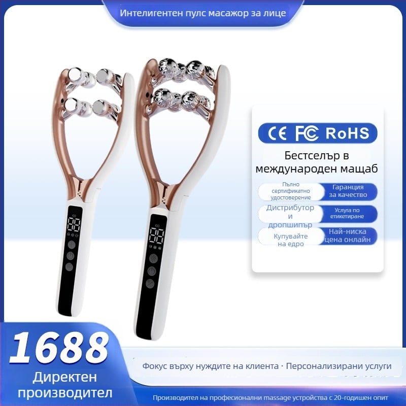 Домашен масажор за лице с V-образна ролка, EMS микроток за повдигане и стягане, двойна вълна EMS, вградена батерия 300–500 mAh, IPX4 водоустойчив